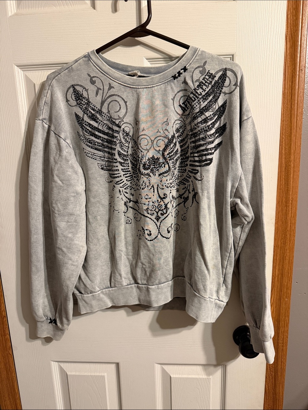 Affliction Light Gray Crewneck Sweatshirt with Black Wing Graphic